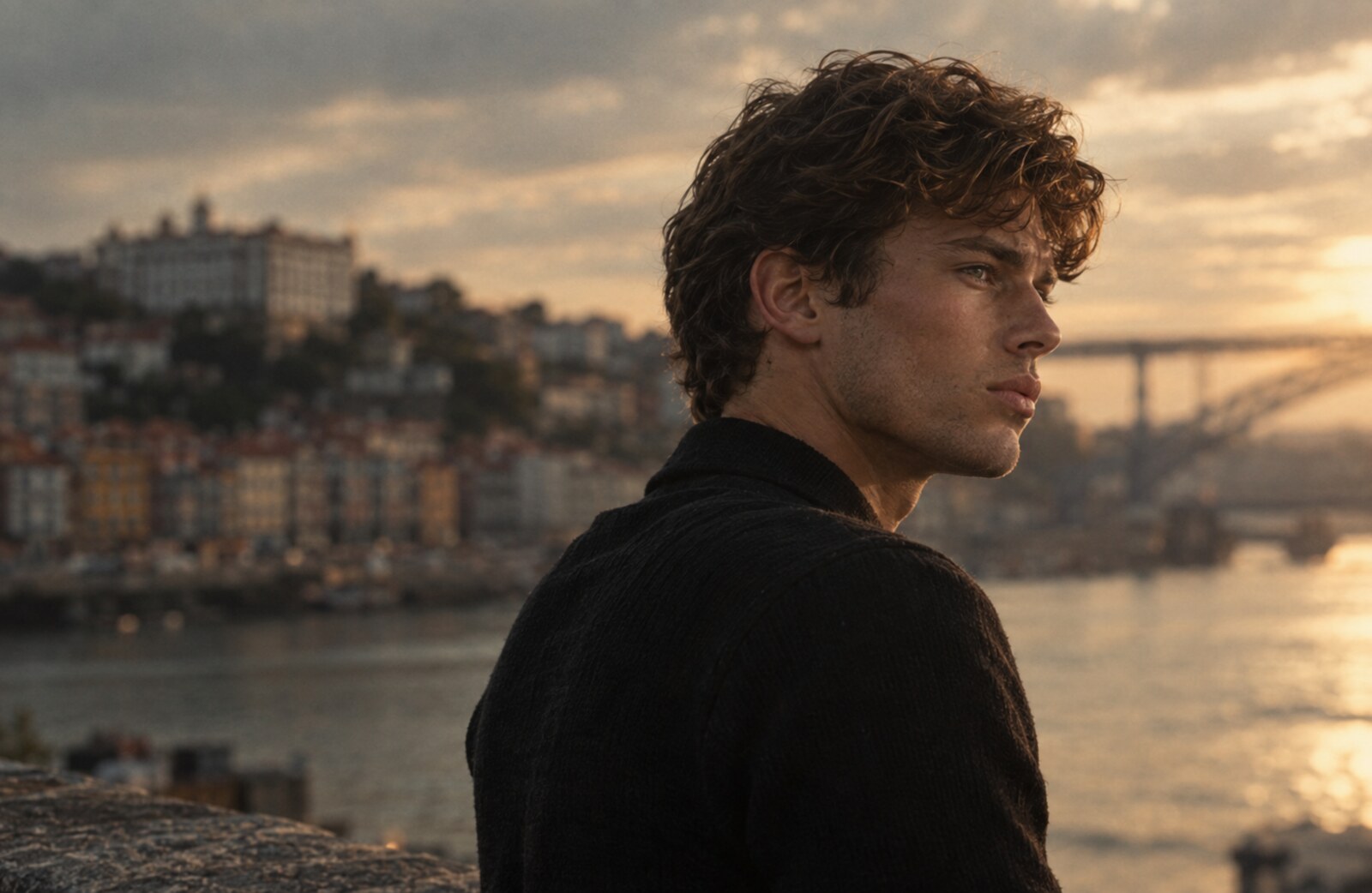 Homem de cabelo natural à beira do Douro, Porto, a preto e branco