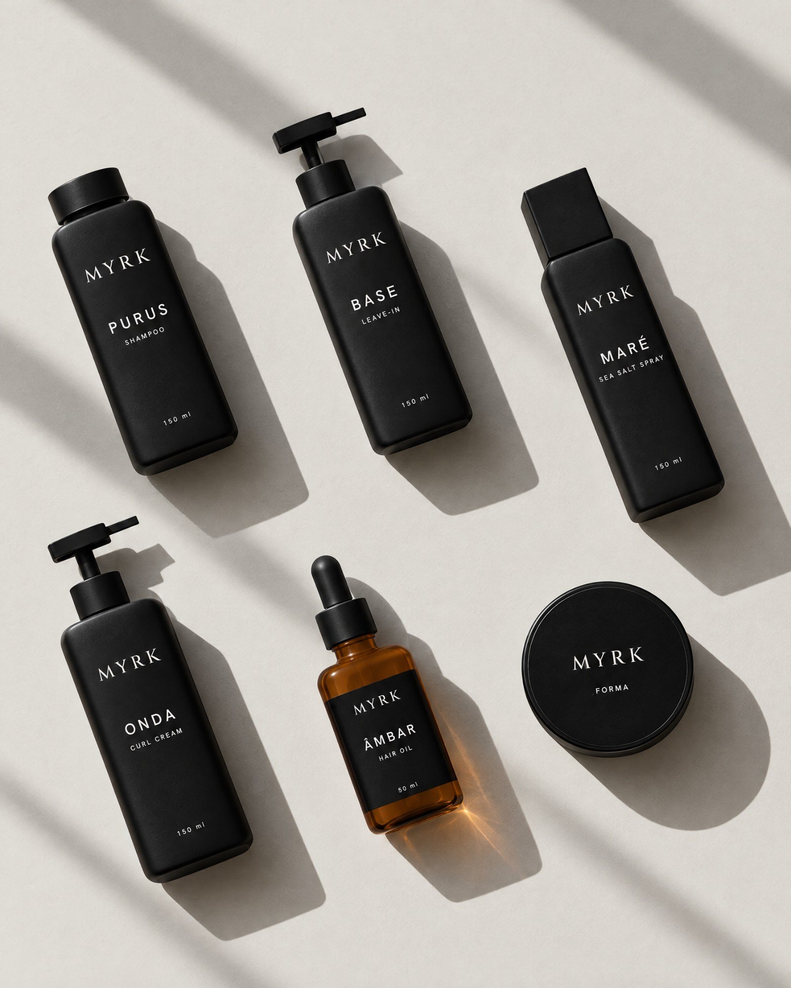 Os seis produtos MYRK vistos de cima